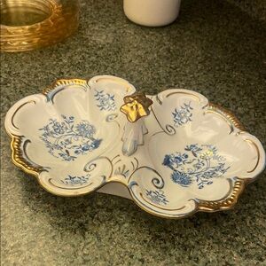 Elegant White and Blue Floral Dish with Gold Accents